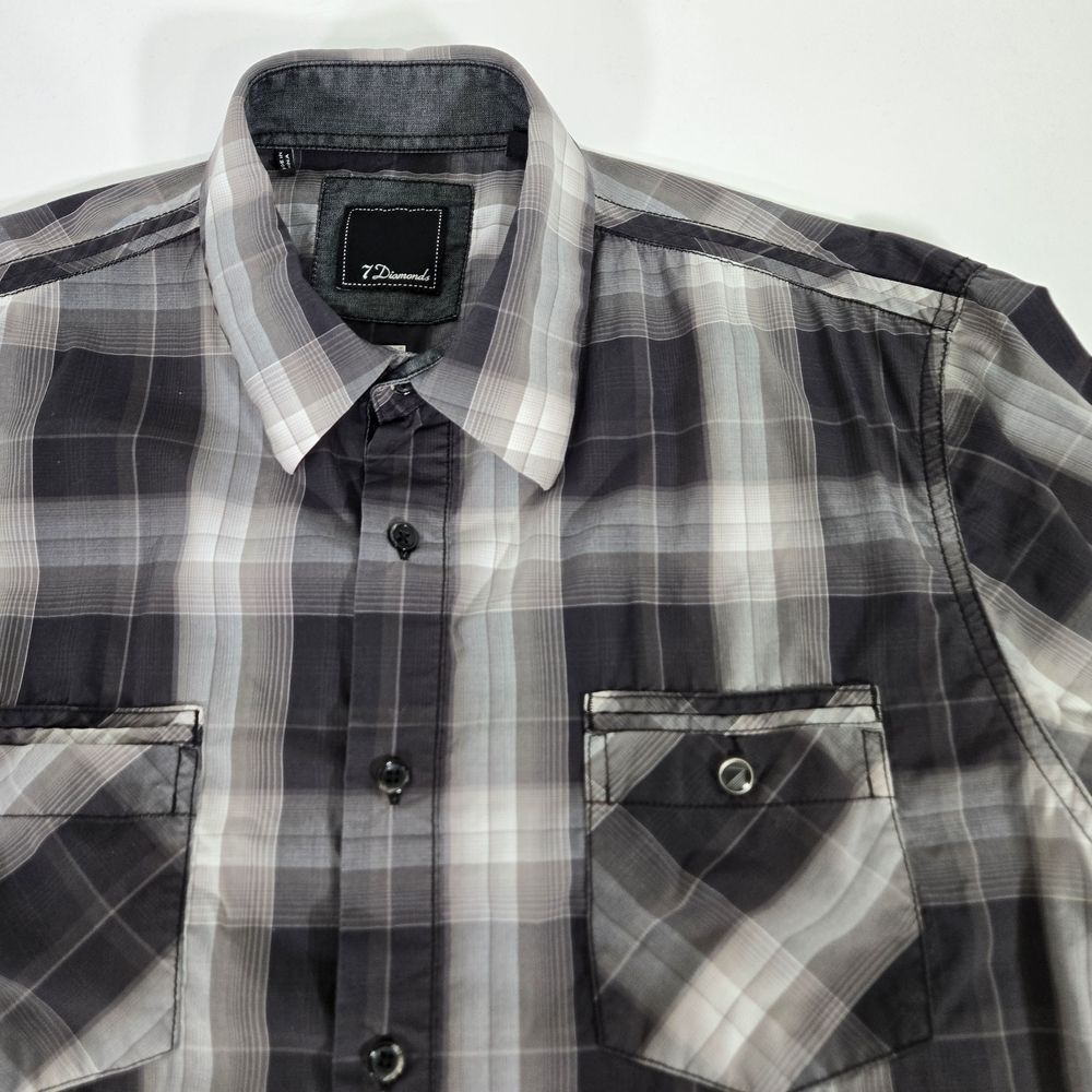 7 Diamonds Grey Cream‎ Long Sleeve Plaid Western Button-Up Large Double Pocket